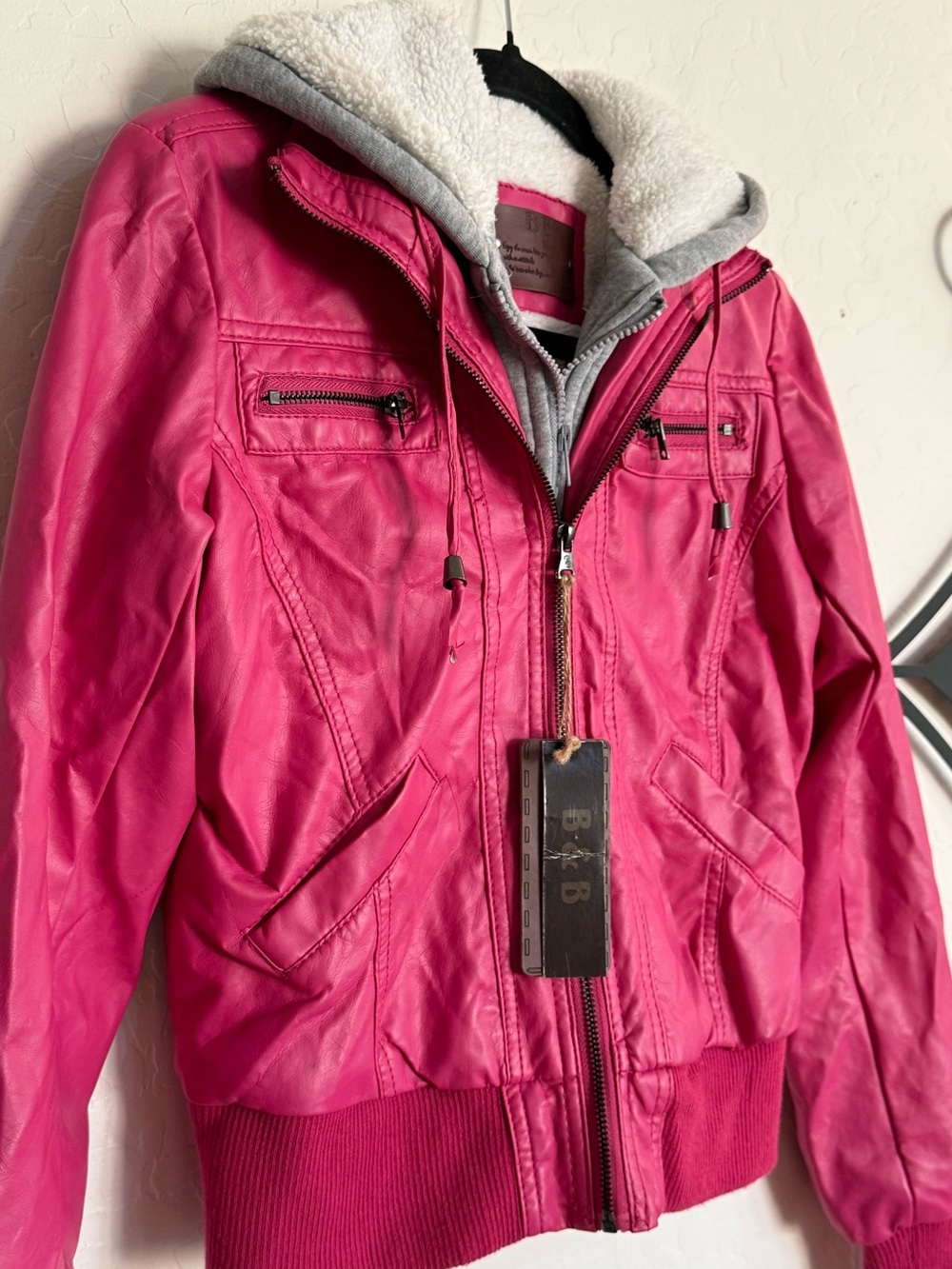 BB Winter Pink Faux Leather Hooded Bomber Jacket NWT Small - Picture 3 of 10